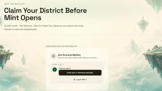 ArcLand Waitlist, Referral Dashboard, Leaderboard, and Mainnet Preparing Screen
