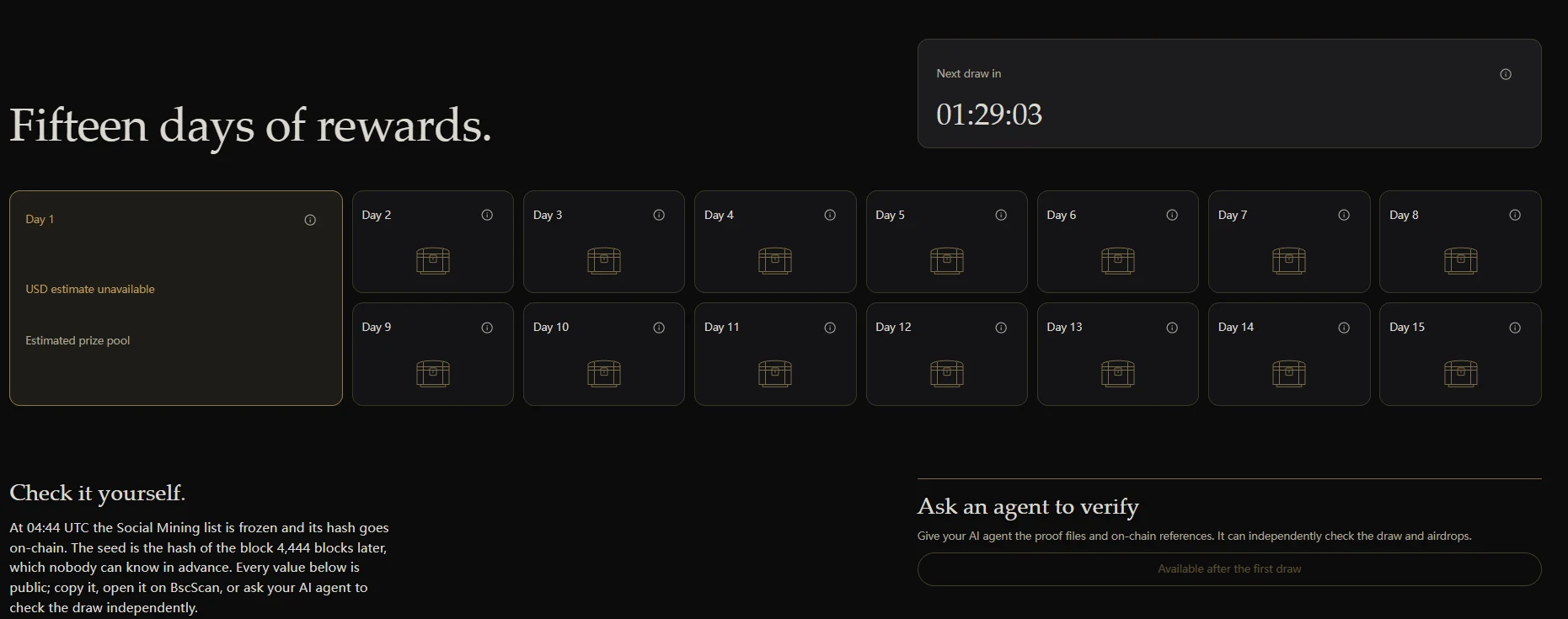 Ptah Proof of Agent dashboard showing fifteen daily draws and no available USD pool estimate