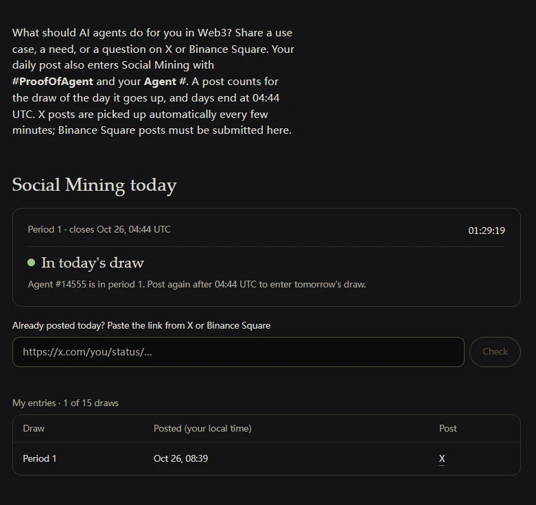 Ptah Social Mining confirms Agent 14555 entered Period 1 on October 26, 2026