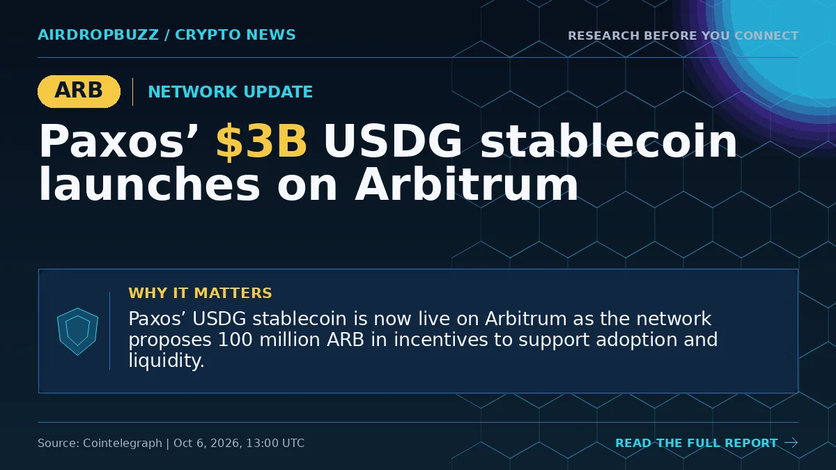 Paxos’ $3B USDG stablecoin launches on Arbitrum