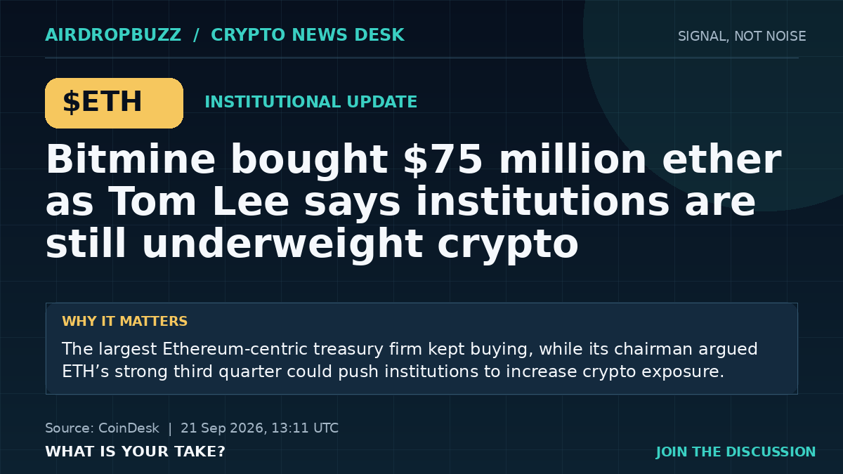 Bitmine bought $75 million ether as Tom Lee says institutions are still underweight crypto