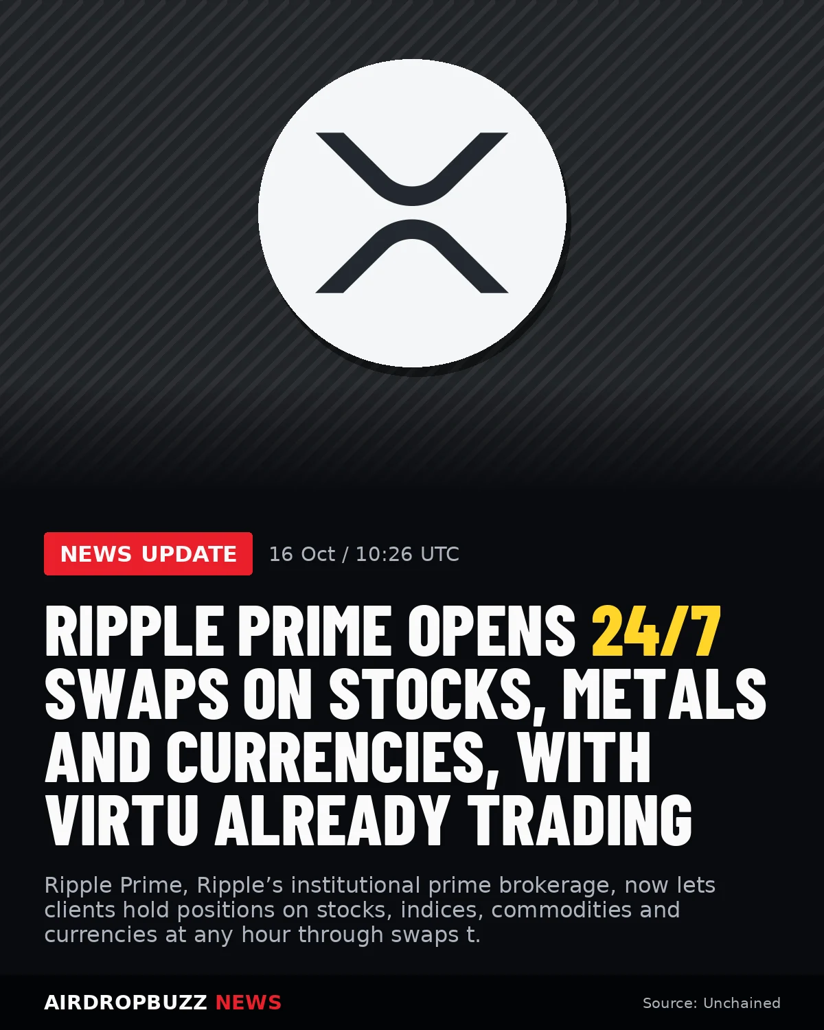 Ripple Prime Opens 24/7 Swaps on Stocks, Metals and Currencies, With…