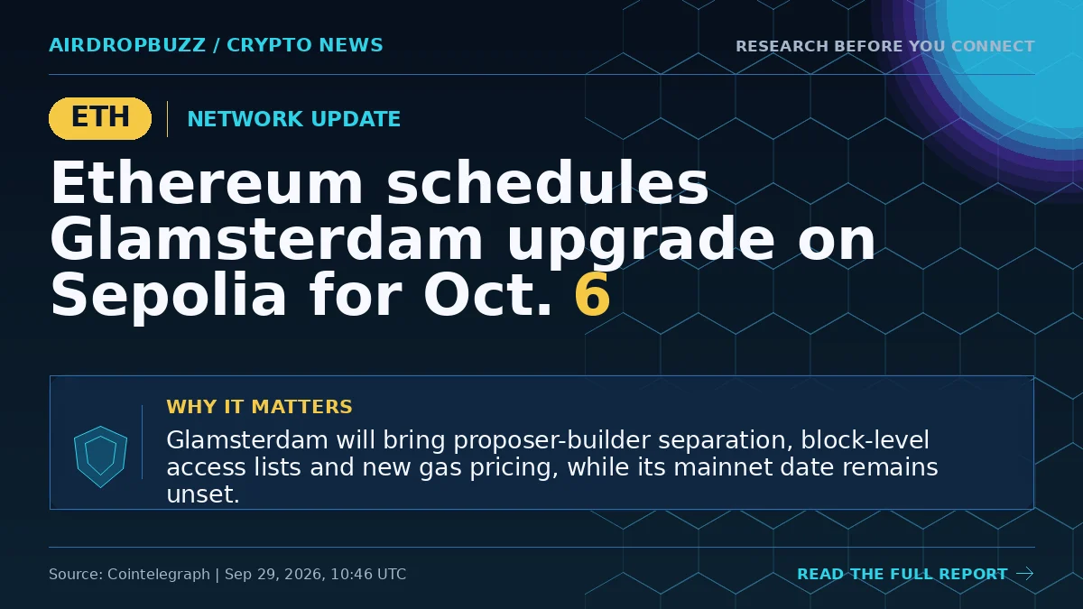 Ethereum schedules Glamsterdam upgrade on Sepolia for Oct. 6