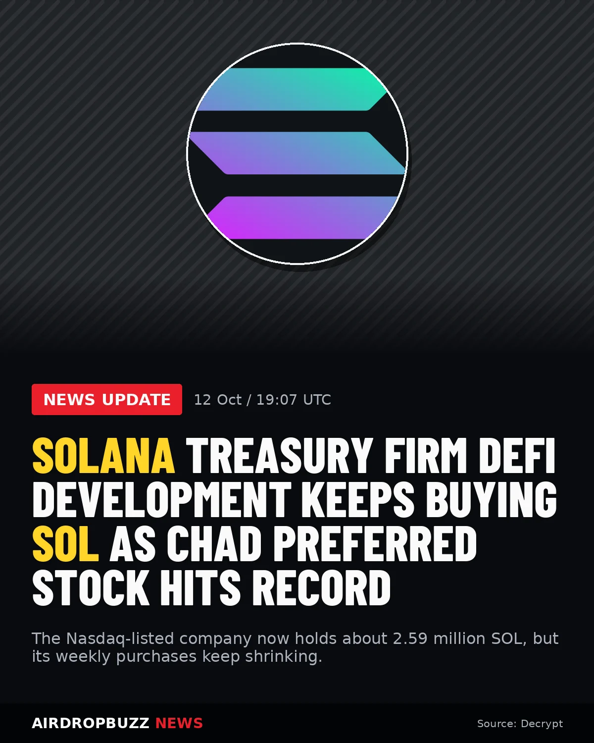 Solana Treasury Firm DeFi Development Keeps Buying SOL as CHAD…