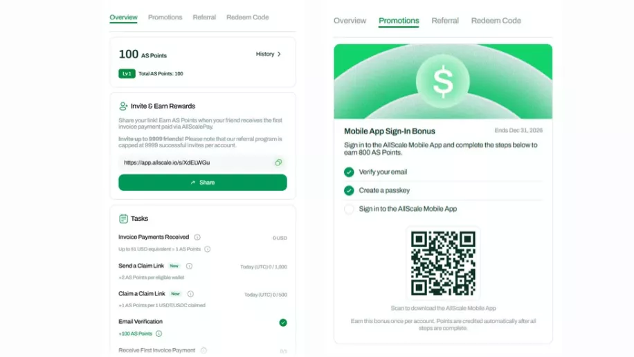 Supplied AllScale Rewards dashboard showing AS Points tasks and the mobile sign-in promotion