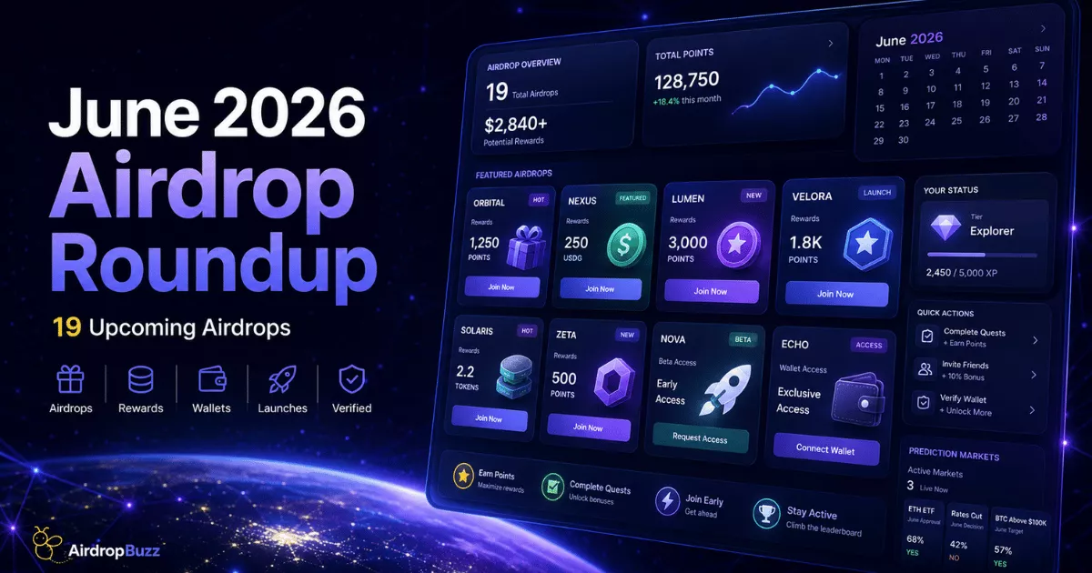 June 2026 Crypto Airdrop Roundup: 19 Airdrops, Free Claims and Web3 Rewards