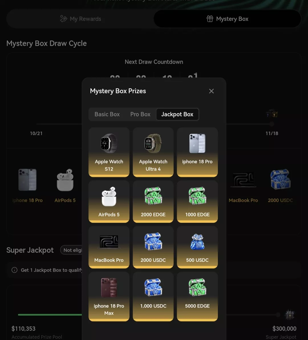 Submitter-provided edgeX Jackpot Box screen showing Apple devices, USDC and EDGE prize entries