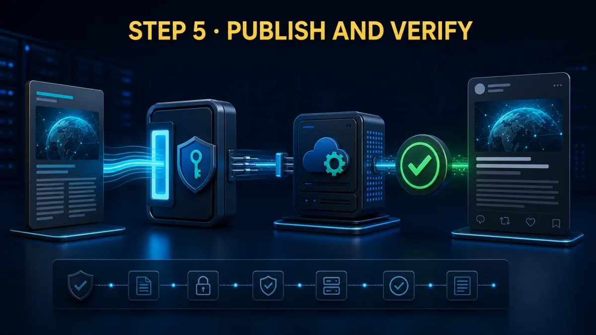 A long-form article passing through an authenticated upload, processing and publishing workflow