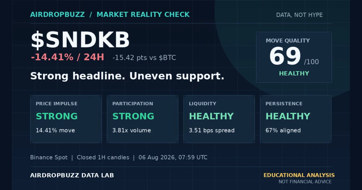 SNDKB market analysis showing a negative 24-hour move and price, participation, liquidity and persistence scores