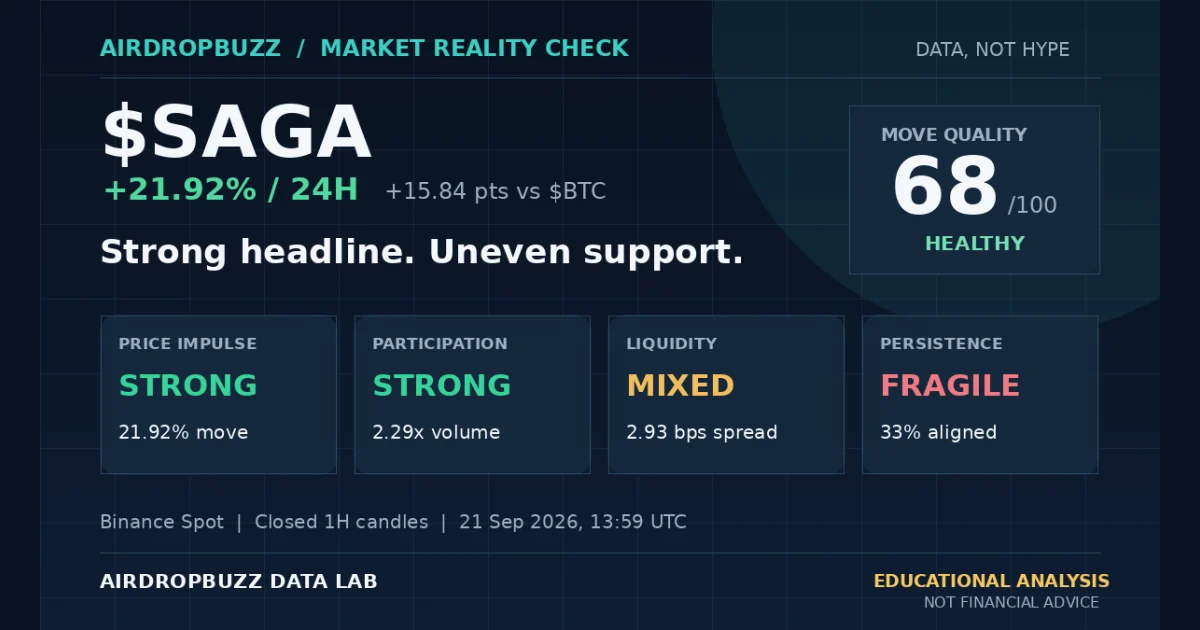 SAGA market analysis showing a positive 24-hour move and price, participation, liquidity and persistence scores