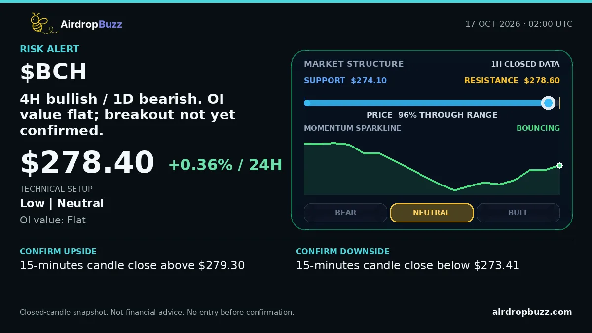 Bitcoin Cash BCH/USDT Market Pulse dated October 17, 2026, showing a price of $278.40, up 0.36% over 24 hours, with support at $274.10, resistance at $278.60, and a neutral low-confidence setup.