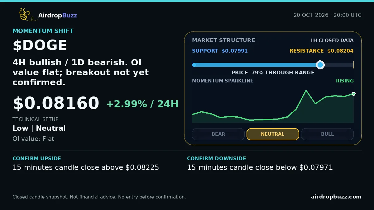 Dogecoin DOGE/USDT Market Pulse dated October 20, 2026, showing a price of $0.08160, up 2.99% over 24 hours, with support at $0.07991, resistance at $0.08204, and a neutral low-confidence setup.