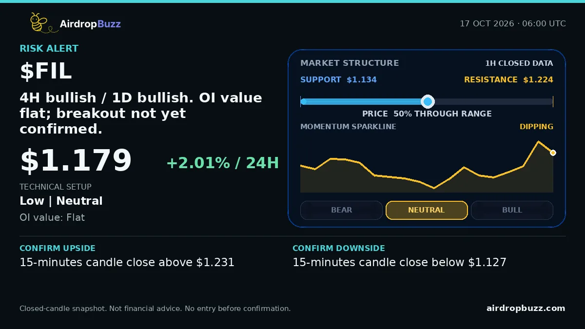Filecoin FIL/USDT Market Pulse dated October 17, 2026, showing a price of $1.179, up 2.01% over 24 hours, with support at $1.134, resistance at $1.224, and a neutral low-confidence setup.