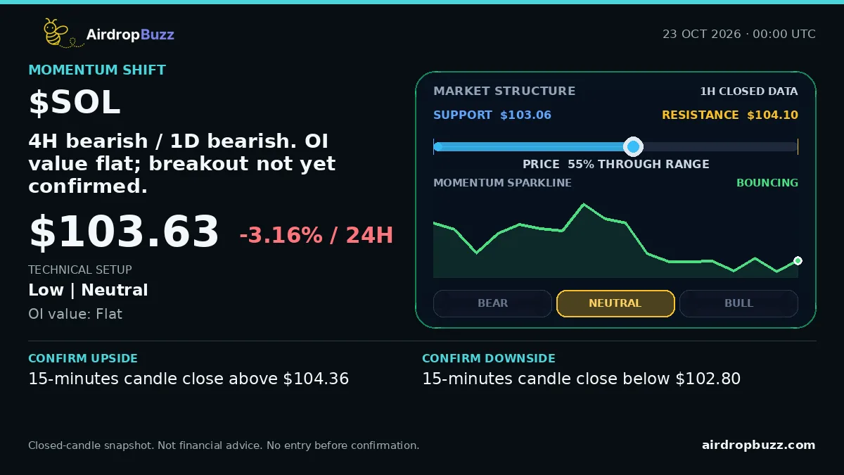 Solana SOL/USDT Market Pulse dated October 23, 2026, showing a price of $103.63, down 3.16% over 24 hours, with support at $103.06, resistance at $104.10, and a neutral low-confidence setup.