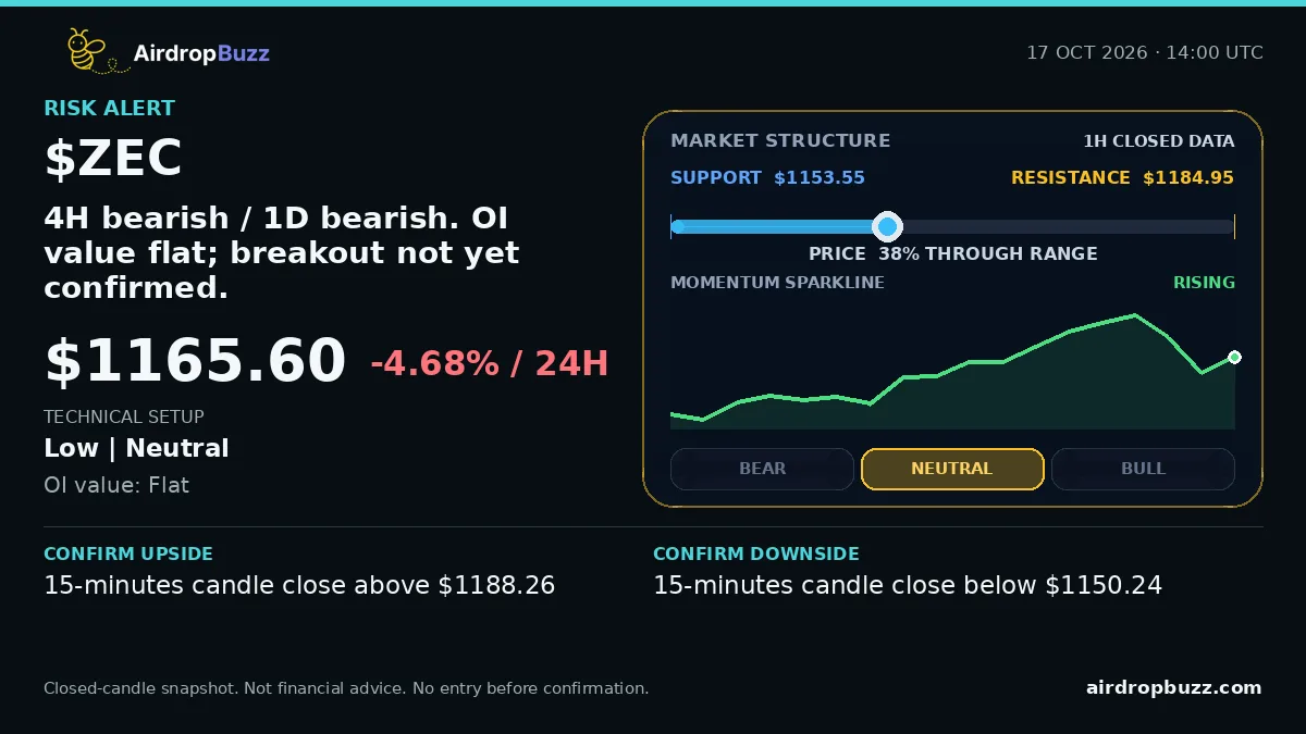 Zcash ZEC/USDT Market Pulse dated October 17, 2026, showing a price of $1165.60, down 4.68% over 24 hours, with support at $1153.55, resistance at $1184.95, and a neutral low-confidence setup.