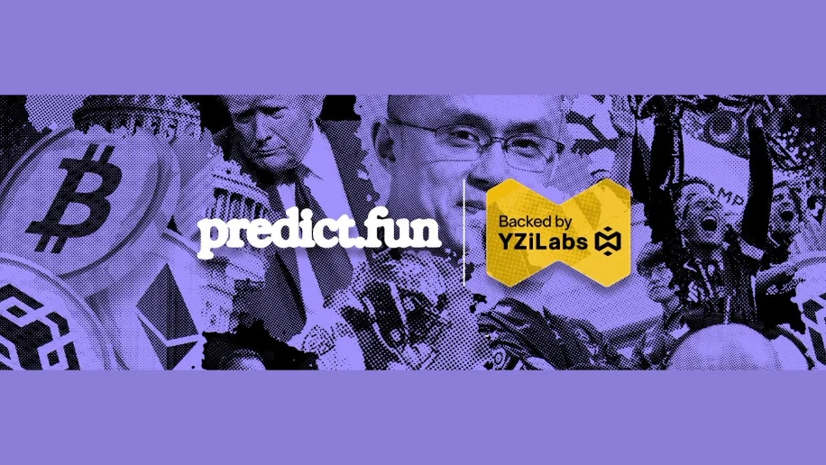 Supplied Predict.fun promotional graphic displaying its name and a YZi Labs backing claim